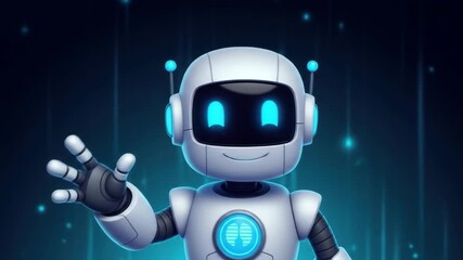 A friendly robot with glowing blue eyes and a welcoming gesture against a digital background. - Powered by Adobe