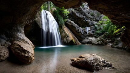 Serene Waterfall Flowing Into Crystal Clear Pool Surrounded By Lush Greenery In A Natural Cave