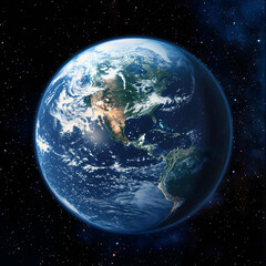 A detailed view of Earth from space, showing North and South America, against a dark, star-filled cosmic background.