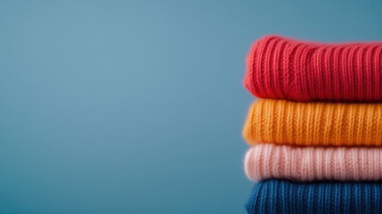 Colorful knitted sweaters stacked neatly against a pastel blue background