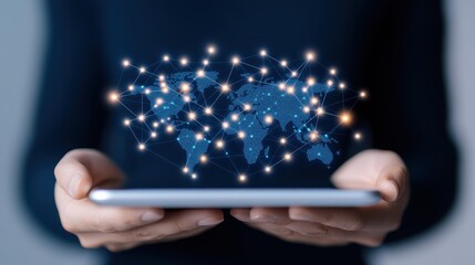 Explore the digital world with a tablet showcasing a global map and interconnected nodes, highlighting technologys reach.