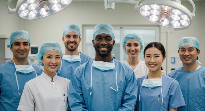 Smiling Medical Team in Operating Room Surgical Attire.