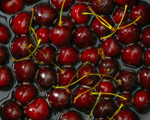 Juicy seasonal black cherries close-up