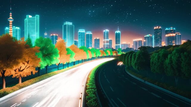 night cityscape with a wide boulevard lined 