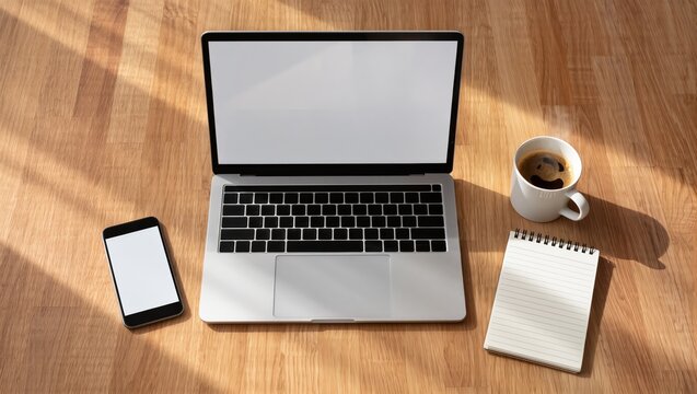 Laptop, smartphone, notepad and coffee cup on wooden table