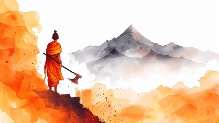 Celebrate Parshuram Jayanti with this stunning watercolor of the deity on a peak, wielding his iconic axe in divine grace.