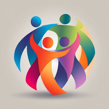 Colorful abstract human figures embracing in a circle representing unity community and teamwork isolated on white background