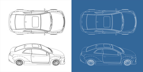 Drift sedan blueprint top and side view vector
