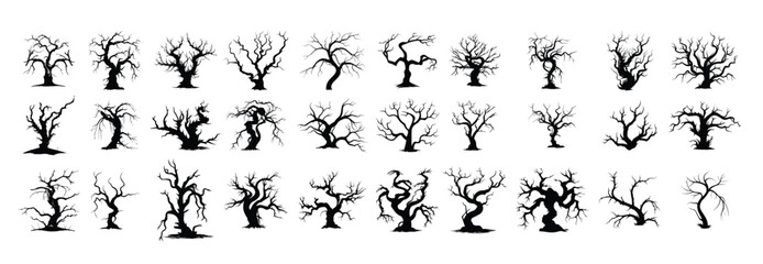 set of silhouettes of twisted spooky tree. halloween elements. isolated on transparent background. 