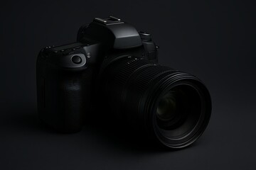 Sleek black dslr camera on a dark background