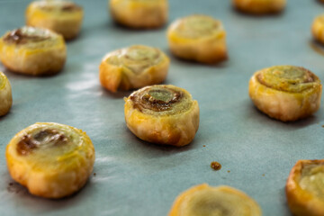 Spirals with cinnamon and sugar and puff pastry. Puff pastry. Dessert