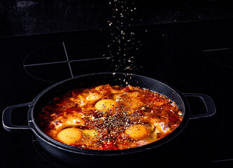 Shakshuka with spices on a black pan on a dark background