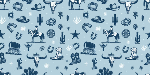 Cowboy Western Seamless Pattern &ndash; Blue Boho Desert Icons (Cactus, Boots, Hats, Longhorn) Vector