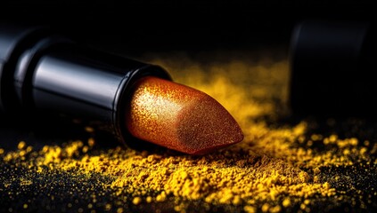 Close-up of a warm, copper-toned lipstick, partially opened, resting on a bed of vibrant yellow powder