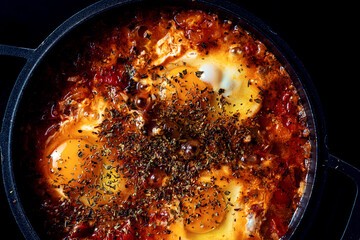 Shakshuka with spices on a black pan on a dark background