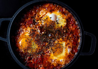 Shakshuka with spices on a black pan on a dark background