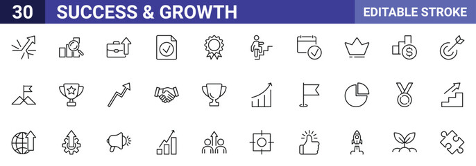 Success & Growth Vector Icon Set with Editable Stroke – Includes Trophy, Medal, Target, Chart, Handshake, Rocket, Flag, Award, and Growth Icons for Business, Achievement & Marketing