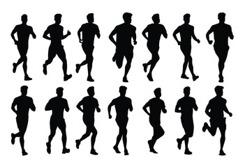 set silhouettes of people running pose. man jogging