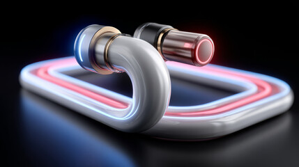 Futuristic energy grid network with glowing neon tubes, metallic connectors, and vibrant blue and red lighting on black background