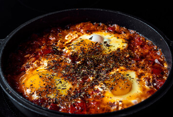 Shakshuka with spices on a black pan on a dark background