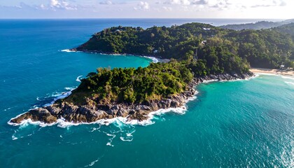 Naklejka premium Breathtaking aerial view of Phuket coastline, showcasing lush vegetation and azure waters