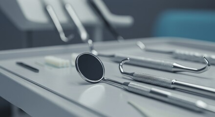 Close-up of dental instruments on a tray in a cool, desaturated color palette. Focus on the dental mirror.