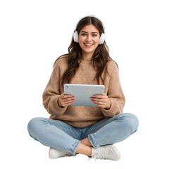 Smiling young woman enjoys tablet with headphones, perfect for showcasing modern connectivity and digital lifestyle in advertisements and websites