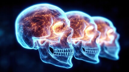 A striking image of three glowing skulls, showcasing anatomical details with a modern twist.