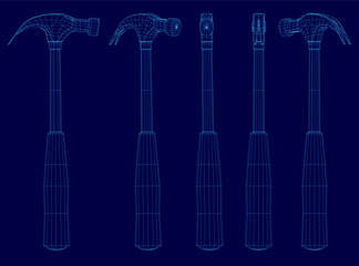 Different hammers arranged in a line on a vibrant blue background, each with unique shapes and sizes. The wireframe design highlights their distinct features while the contrasting backdrop.