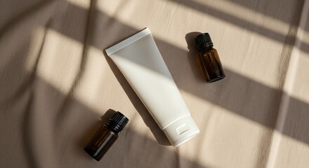 Overhead shot: white tube and two brown dropper bottles on a beige fabric surface with linear light/shadows.