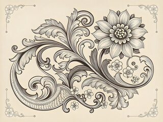 Intricate Vintage Black and White Baroque Floral Flourish, Ornate Filigree Design
