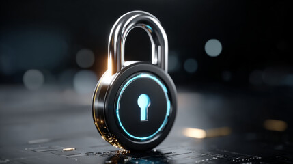 Digital padlock with glowing blue keyhole symbolizes cybersecurity, data protection, privacy, and secure technology in modern digital environment