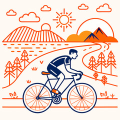 Fototapeta premium Cyclist riding road bike through scenic mountain landscape under bright sun 