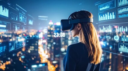 Woman in VR headset explores futuristic data visualization over city at night. - Powered by Adobe