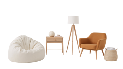 Cozy modern living room arrangement with stylish armchair, beanbag and wooden accents for relaxing lifestyle inspiration and interior design ideas