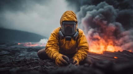 Obraz premium Person in protective gear observes a volcanic eruption, with fire and smoke rising.