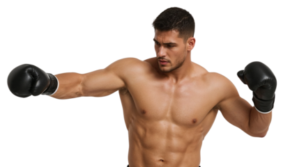 Powerful shirtless boxer with gloves poised for action, ready to spar, exudes strength and determination perfect for fitness and sports themes