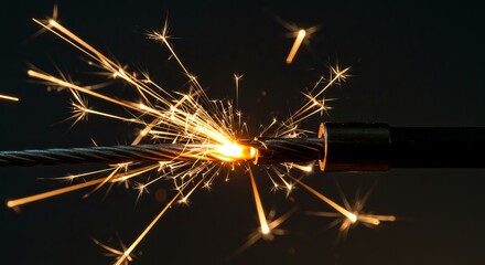 Obraz premium Close-up of a frayed cable emitting sparks against a dark background, with protective covering on one end of the cable.