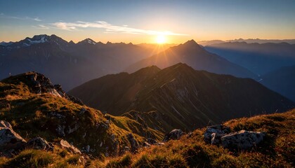 Breathtaking sunrise illuminating majestic mountain peaks with golden light