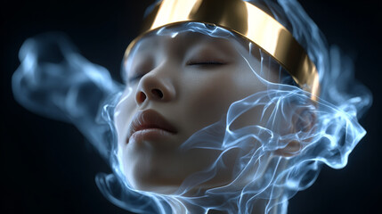 Radiant mystical woman with golden headband and ethereal smoke, serene expression, futuristic fantasy portrait