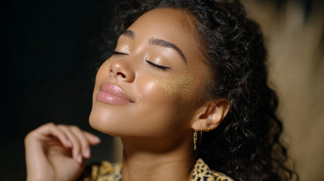 Radiant woman with curly hair, glowing skin, gold face paint, closed eyes, and serene expression, exuding beauty and confidence