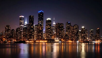 Obraz premium Dramatic night panorama of illuminated cityscape reflected on water surface