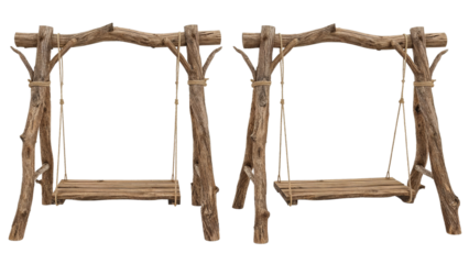 Whimsical wooden swing set evokes childhood joy perfect for rustic decor, garden designs and playful outdoor spaces