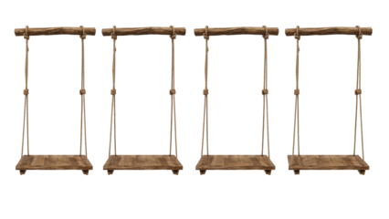 Four rustic wooden swings suspended by rope, creating a whimsical and nostalgic feel perfect for product displays or charming design elements