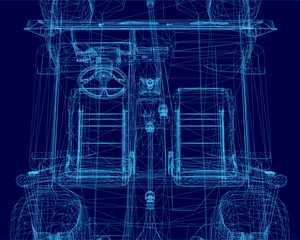 A detailed blueprint of a car interior on a blue background, showcasing the wireframe structure and mechanical components. The SUV-style design highlights industrial functionality.