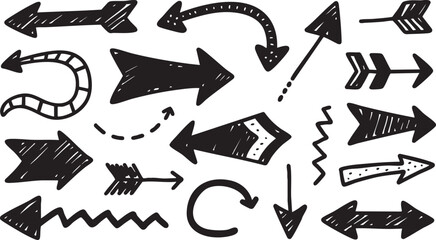 Set of various handdrawn black arrows and directional symbols isolated on white background