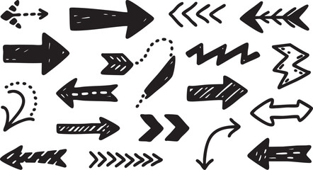Set of various handdrawn black arrows and directional symbols isolated on white background