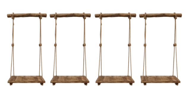 Four rustic wooden swings suspended by rope, creating a whimsical and nostalgic feel perfect for product displays or charming design elements