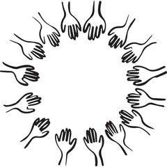Obraz premium Line art drawing of many hands reaching together in a circle, creating a frame. A concept for community, volunteering, teamwork, and support. Doodle vector illustration.