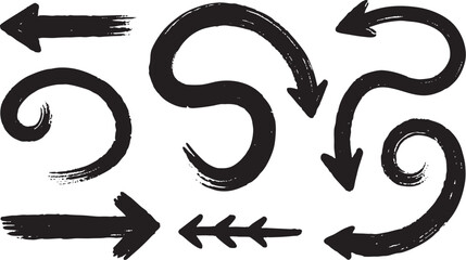 Set of various handdrawn black arrows and directional symbols isolated on white background